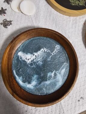 Handmade Ocean Resin Acacia Wood Coasters - Blue & White Home Art